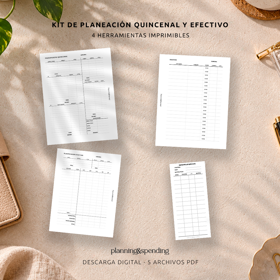 Kit imprimible de planeación quincenal con cuatro herramientas financieras