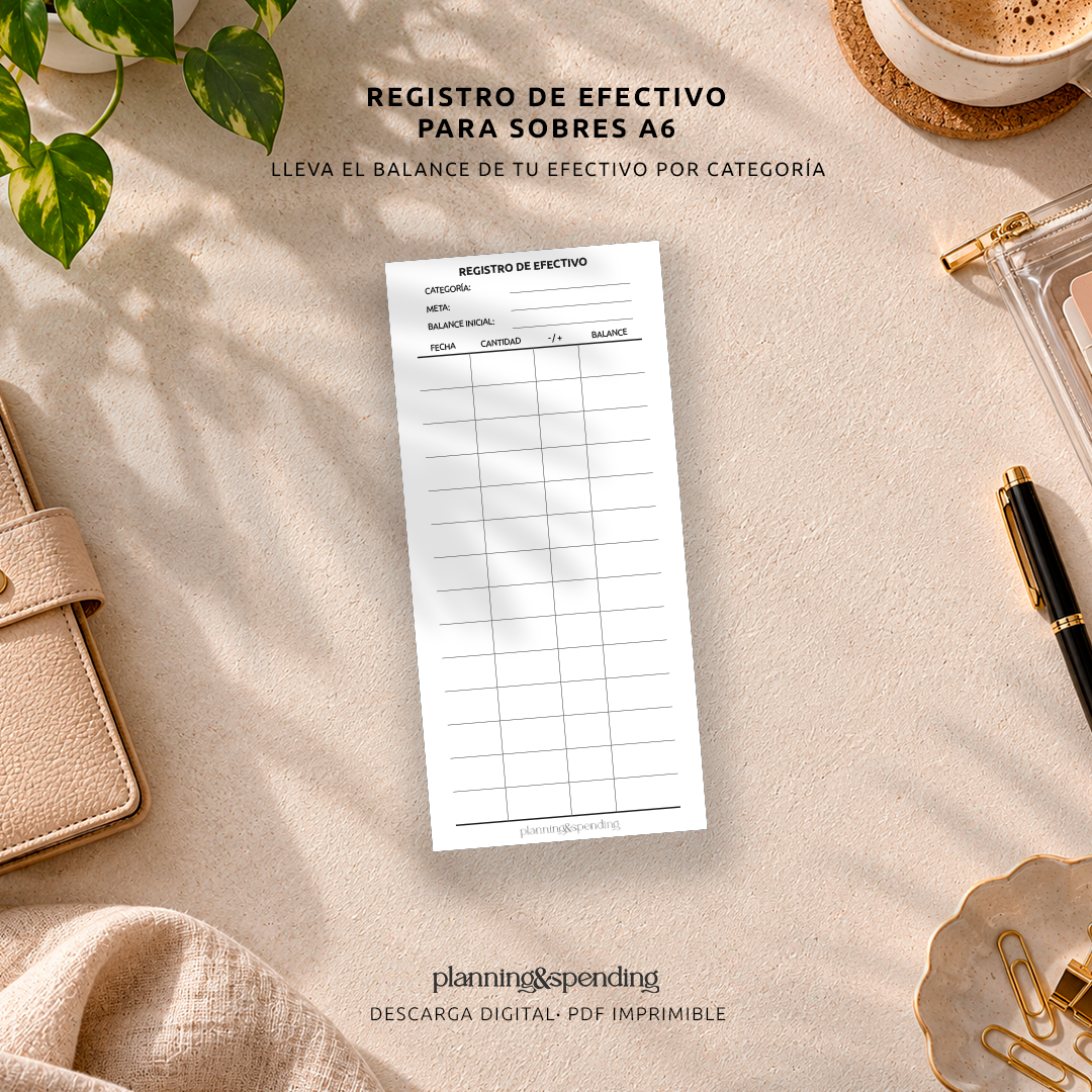 Registro de efectivo imprimible para sobres A6