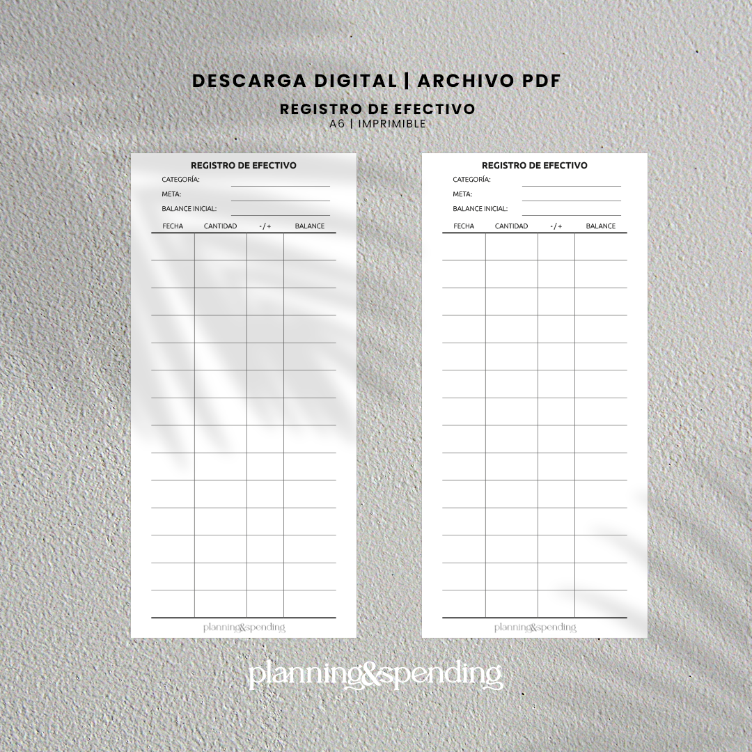 Registro de Efectivo – Formato A6 | Sistema de Sobres