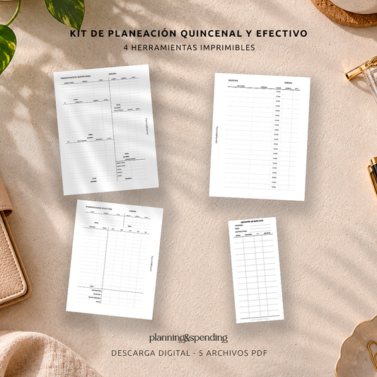 Kit imprimible de planeación quincenal con cuatro herramientas financieras