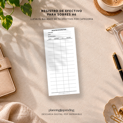 Registro de efectivo imprimible para sobres A6