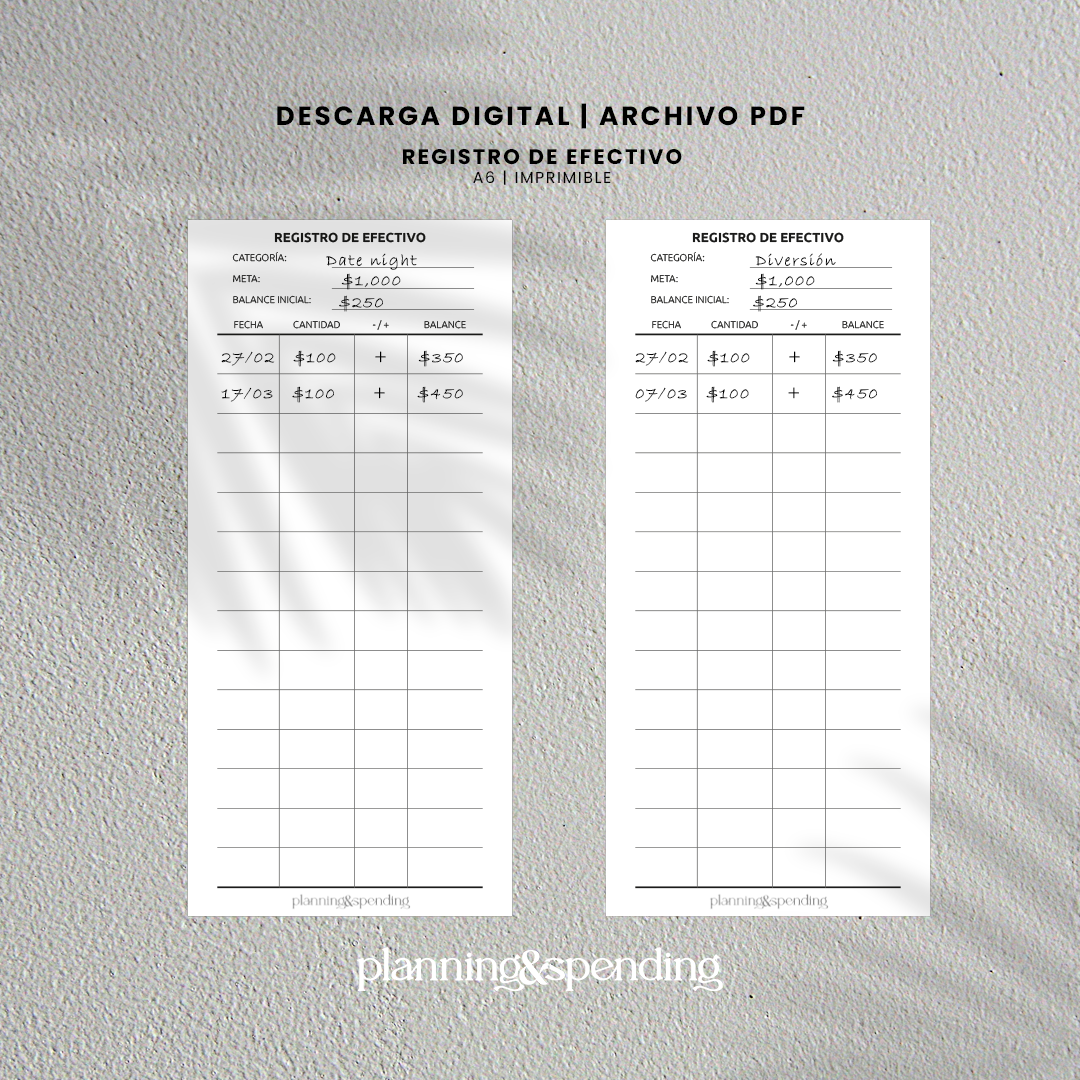 Registro de Efectivo – Formato A6 | Sistema de Sobres